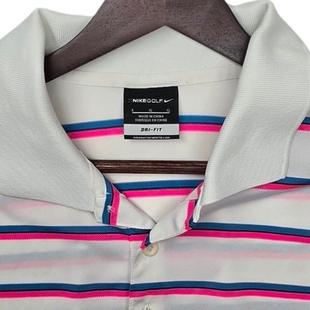 Nike Golf Dri-FIT Mens Large White Pink Blue Striped Polo Shirt 520560-101 - Picture 10 of 12